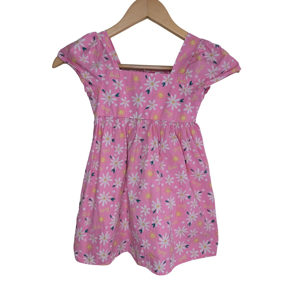 Barbie‎ Kids Pink Daisy Sun Logo Smocked Cotton Dress XS 4-5 Mad Engine 2024